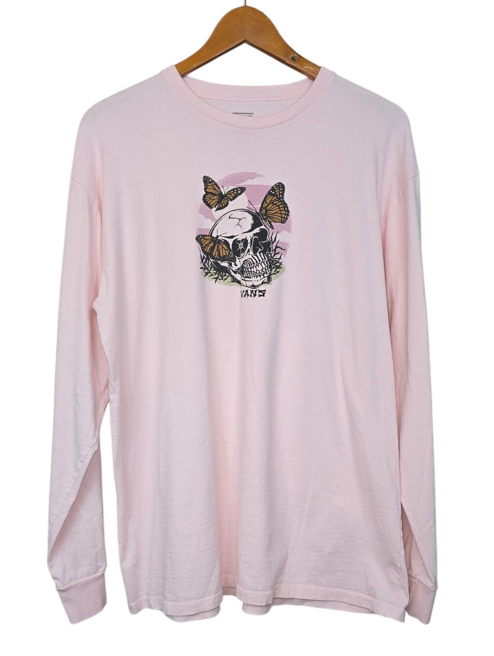 Vans Pink Skull Butterfly Graphic Long Sleeve T-Shirt Grunge Skater Size Large